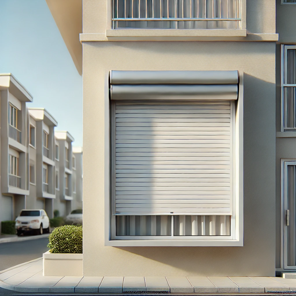 DALL·E 2024-09-10 19.34.02 - A realistic image of a simple roller shutter installed on a window of a standard apartment. The setting is a typical residential building, with the ro Une façade de maison moderne avec des volets roulants automatiques fermés. Le système SOMFY est visible, avec un extérieur bien éclairé et un design élégant.