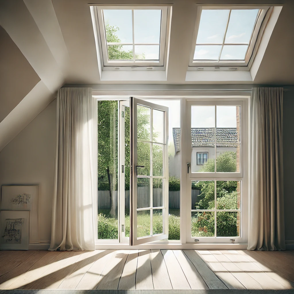 DALL·E 2024-09-10 20.03.38 - A bright, everyday interior with Velux windows open, letting natural light flood the space. The room is simple and practical, designed for an average