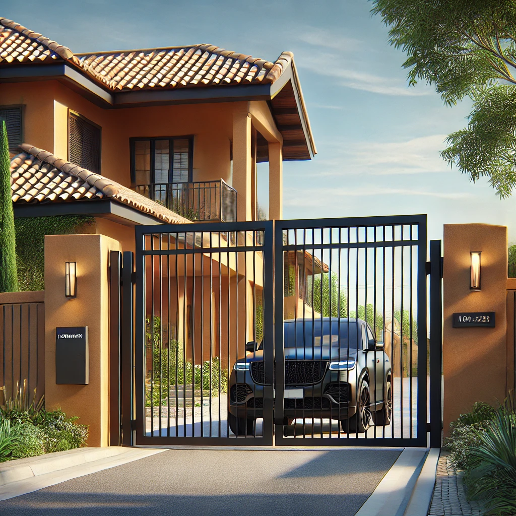 DALL·E 2024-09-10 20.19.33 - A realistic image of a driveway leading to a more affordable, Mediterranean-style house with a black aluminum Hörmann gate. The gate is motorized and