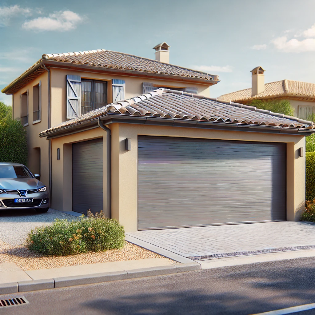 DALL·E 2024-09-10 20.23.54 - A realistic image of a less luxurious house in the south of France with an automatic gray metal garage door. The garage door is in the process of open