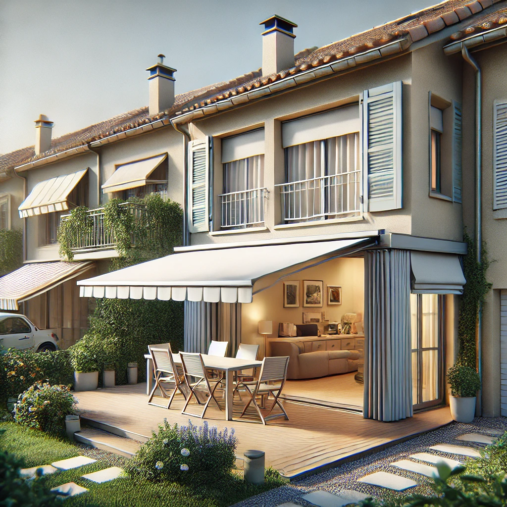 DALL·E 2024-09-20 19.57.48 - A realistic image of a typical, modest house in the Alpes-Maritimes region of southern France, featuring various types of installed awnings. The scene Image réaliste d'une maison moderne avec différents types de stores installés. Montrer un store monobloc de la marque Bubendorff au-dessus d'une fenêtre, un store coffre de Somfy sur la terrasse, un store toile de K•Line déployé dans un jardin, et un store droit de Hörmann sur une autre fenêtre. La scène doit être lumineuse et accueillante, mettant en valeur l'esthétique et la fonctionnalité des différents stores dans un environnement résidentiel.
