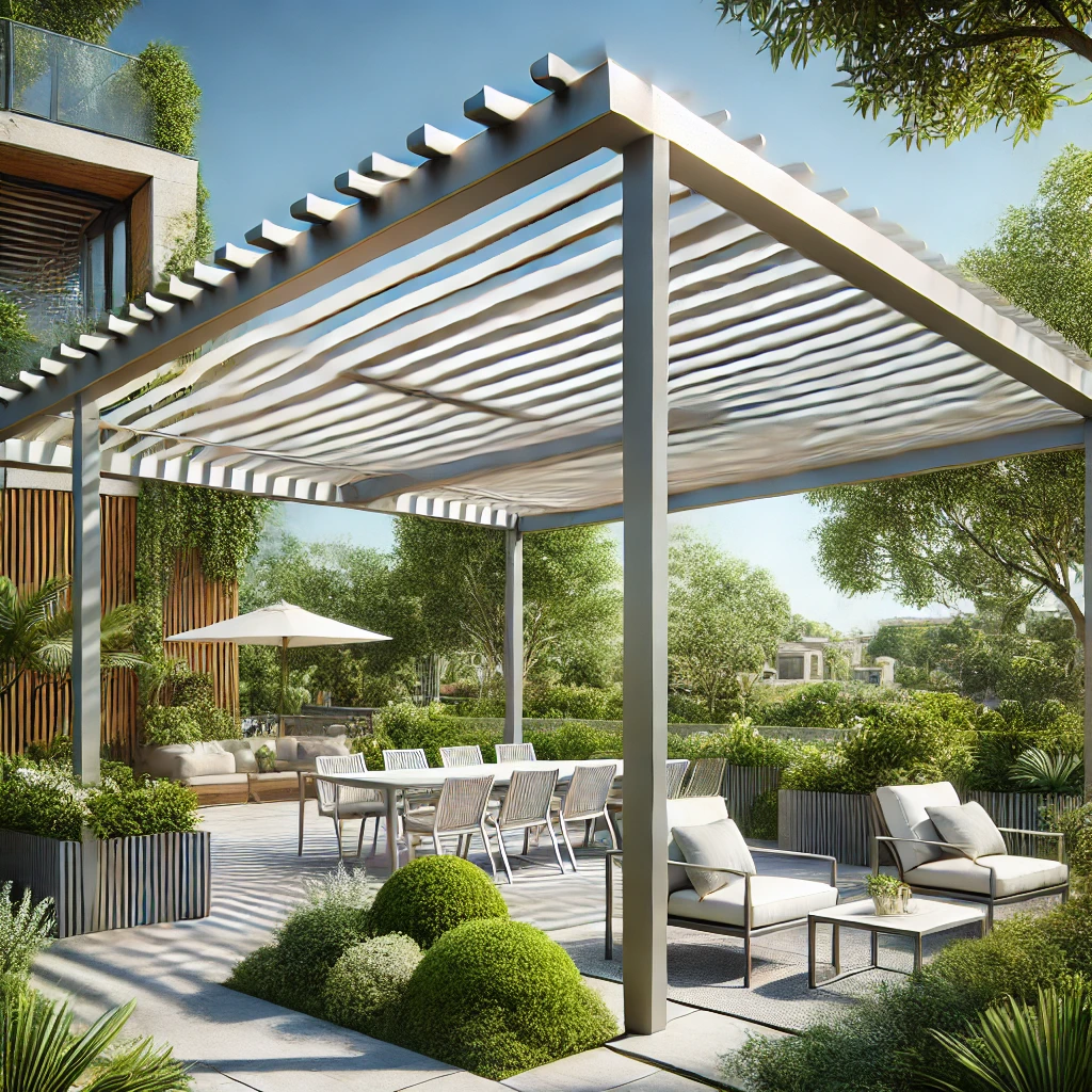 DALL·E 2024-09-20 20.08.10 - A realistic image of a modern garden featuring a Calamuso brand aluminum pergola, providing elegant shade over a terrace. The pergola has adjustable s